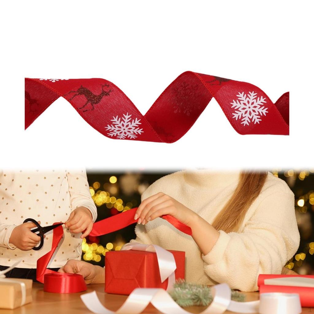 Christmas Ribbon Tree Decor Printed Wired Glitter Reindeer Decorative Linen