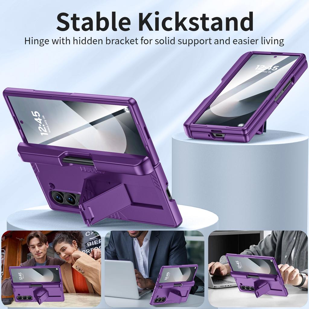 For Samsung Galaxy Z Fold 6 Phone Case With S Pen Holder, Hidden Stand, Screen Protector, Sturdy Shockproof Protective Case-Purple