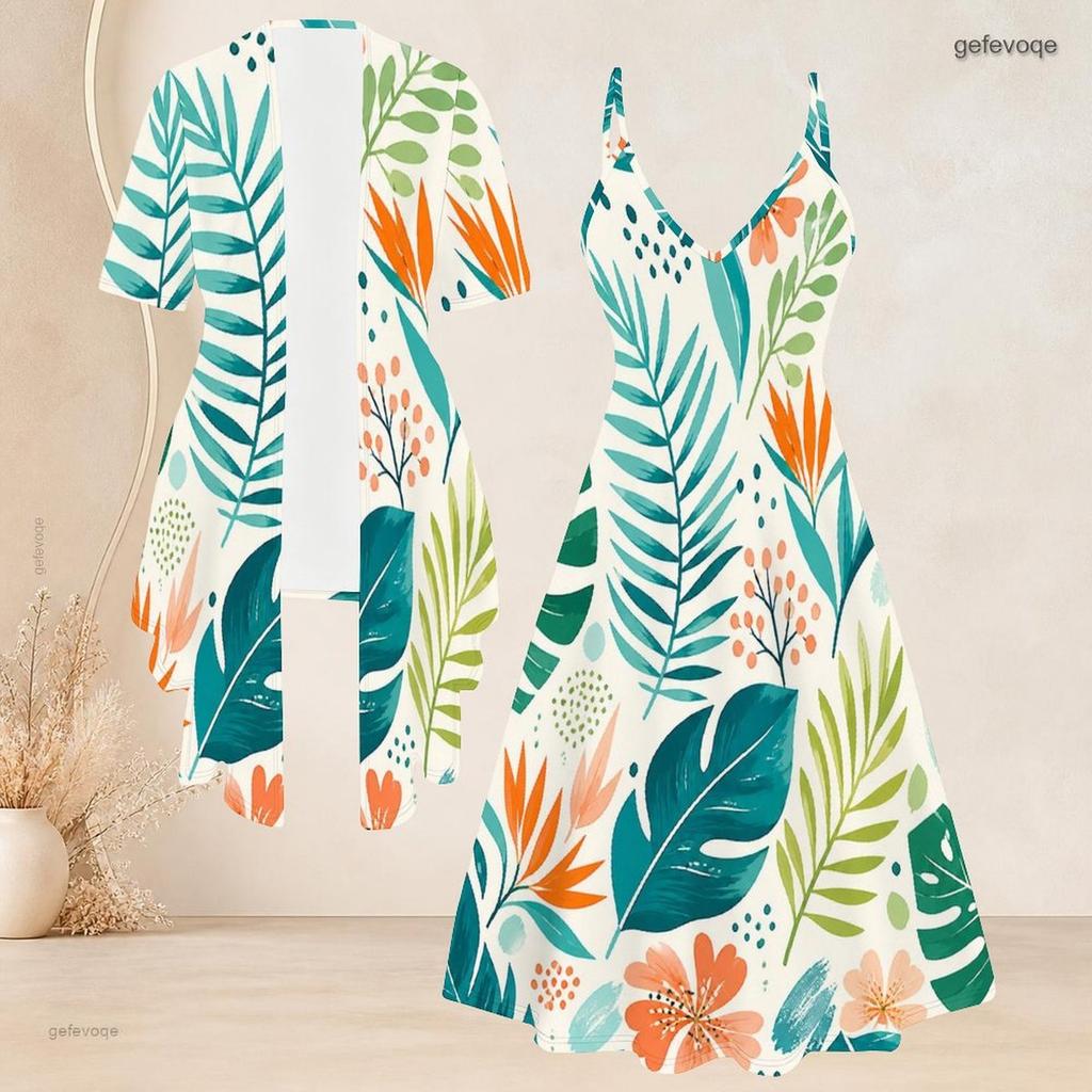 Women Plus Size Two Piece Set Fruit Leaf Printed Short Sleeve Draped Cardigan V Neck Strappy Flared Dress