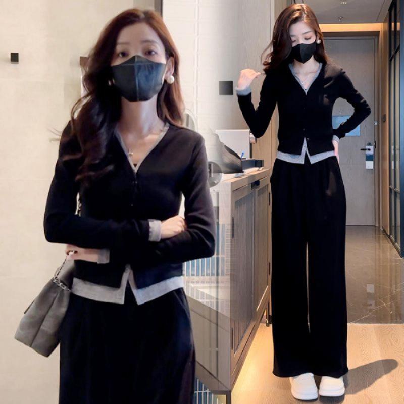 

Stylish Faux Two-Piece Women s Casual Suit: Spring/Autumn, Slimming Plus Size, Wide Leg Pants, Fat MM 240 Jin. XXXL