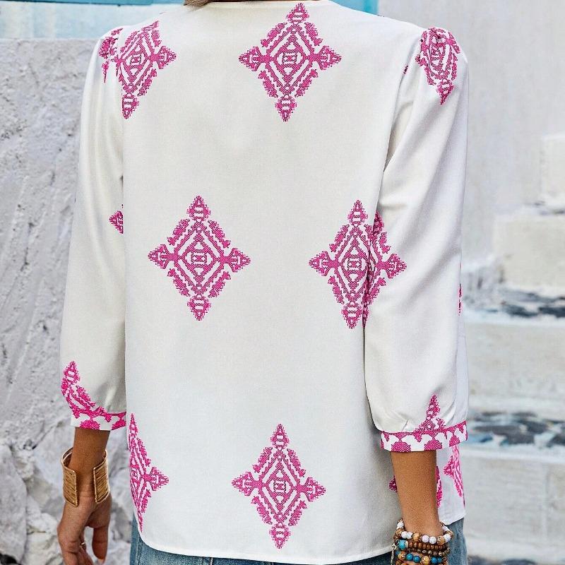 Summer New Fashion Printed V-neck Loose Blouse Women Seven Quarter Sleeve Casual Women's Shirts Tops Vintage Simple Slim Fit Female Blouses 26426