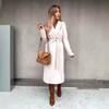 2024 Women's V-Neck Long Woolen Coat: Stylish Spring/Autumn Overcoat with Tie