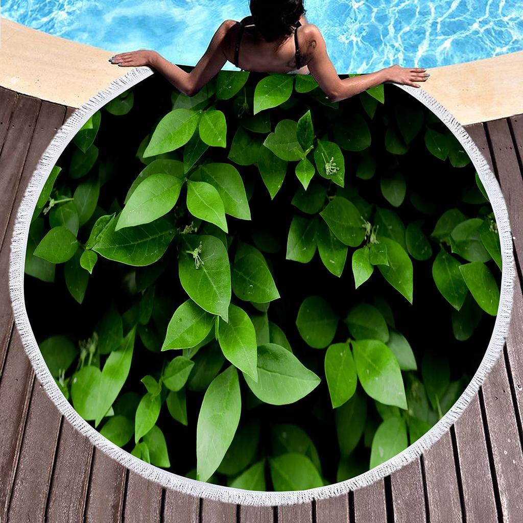 Green Yellow Leaves Print Round Beach Towel,Microfiber Circle Beach Towels Sand Free Quick Dry Picnic Yoga Mat Circle Tablecloth