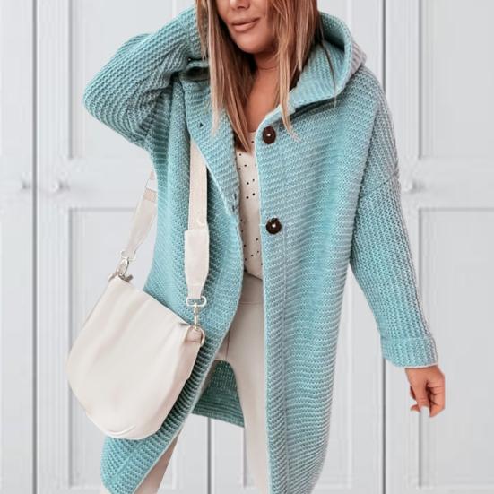Solid Color Long Sleeve Women Cardigan Autumn Winter Two Buttons Hooded Sweater Coat Outerwear