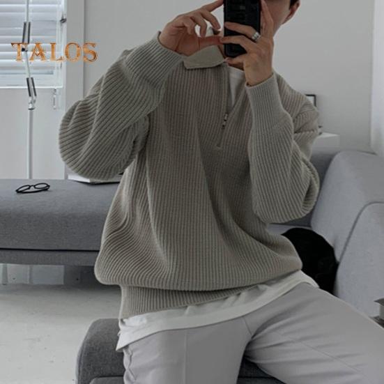 Fall Winter Men Sweater Turn-down Collar Half Zipper Long Sleeves Solid Color Loose Knitted Top Daily Wear School Work Knitwear