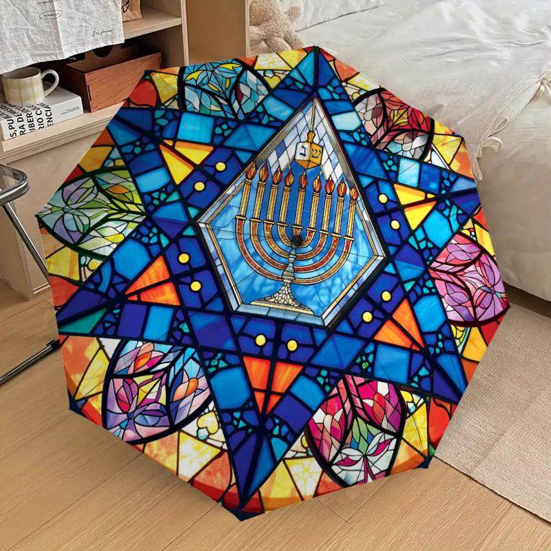 1pc Stained Glass Menorah Pattern Small Travel Automatic Folding Umbrella, Compact Windproof Umbrella, Automatic Open/Close ,Gift-091505