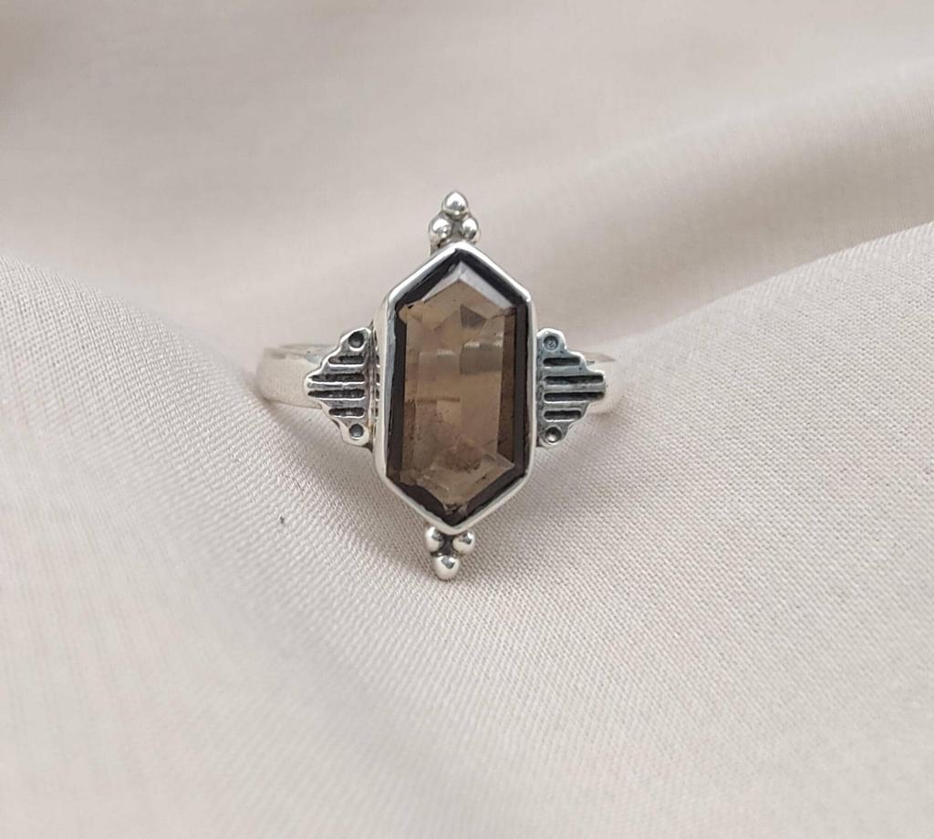 Smoky Quartz Sterling Silver Ring: Hexagon Gemstone, Boho Jewelry