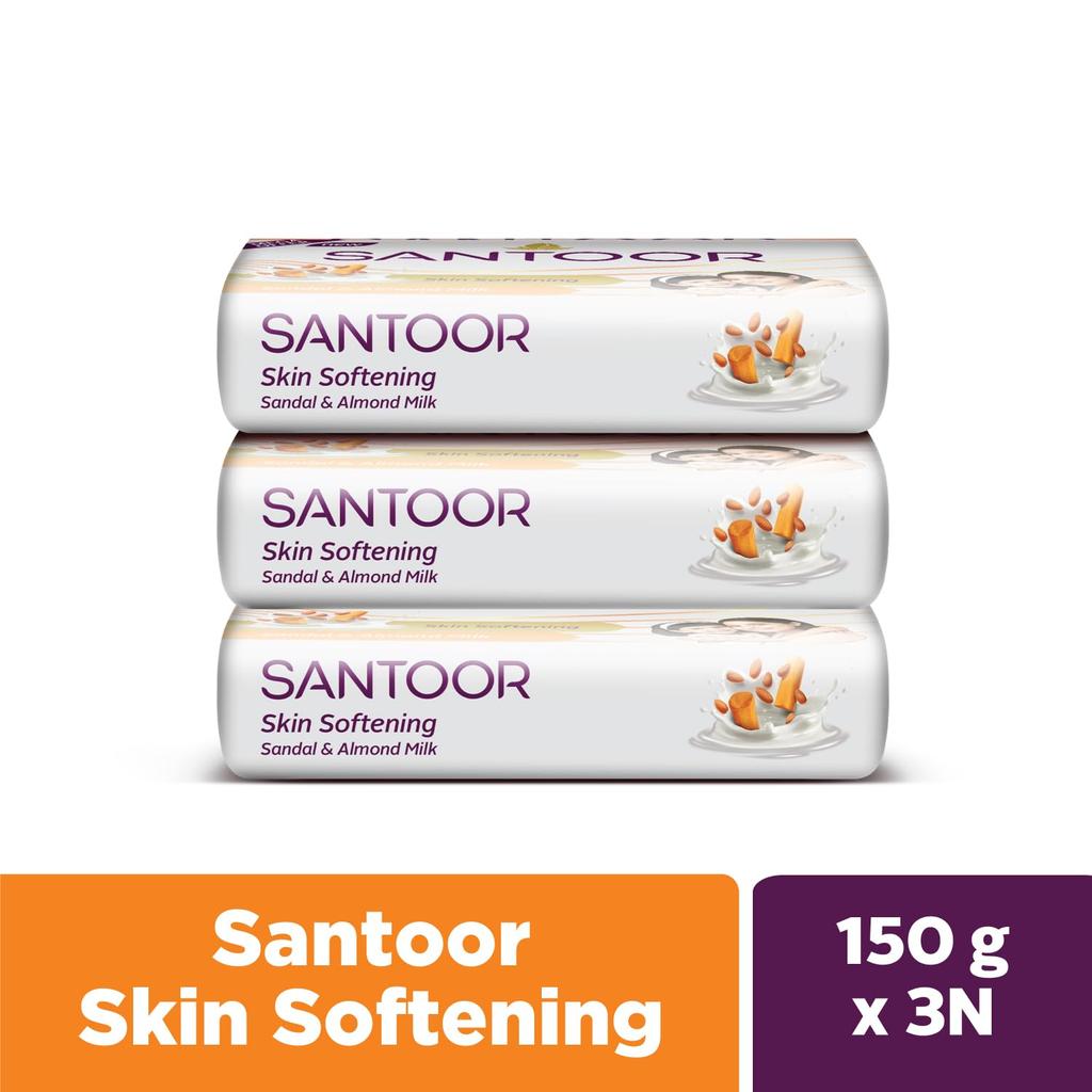 Santoor Skin Softening Sandal & Almond Milk Bathing Soap with Nourishing & Anti-Aging Properties| For Smooth & Soft and Younger-Looking Skin| For A