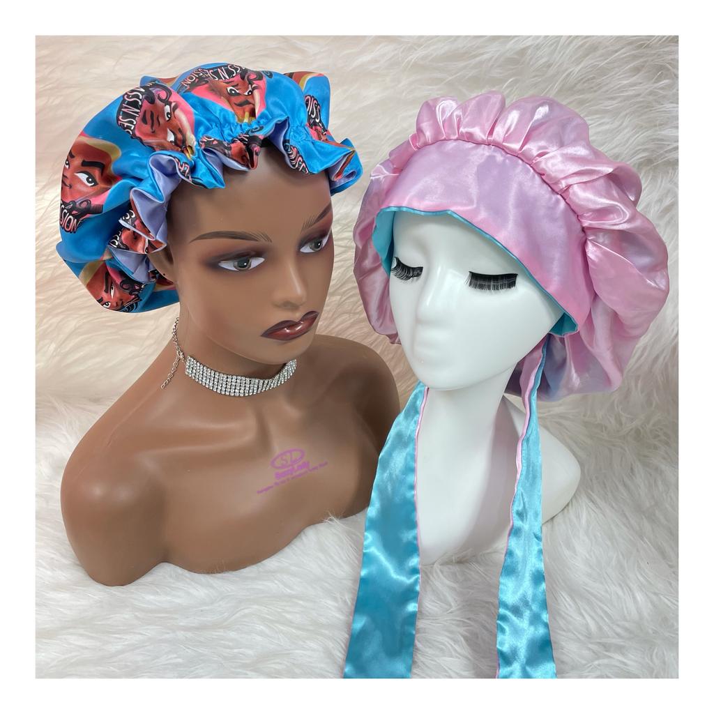 All Over logo Printed Silk Hair Bonnets and Satin Head Wraps Long Jumbo Braid Bonnets