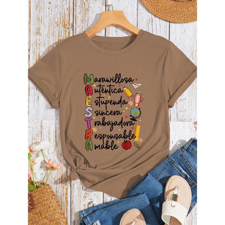 Minimalist and Unique Summer Women's Fashion New Arrivals Maestra Teacher's fun word print top, round neck, everyday casual fashion, vintage