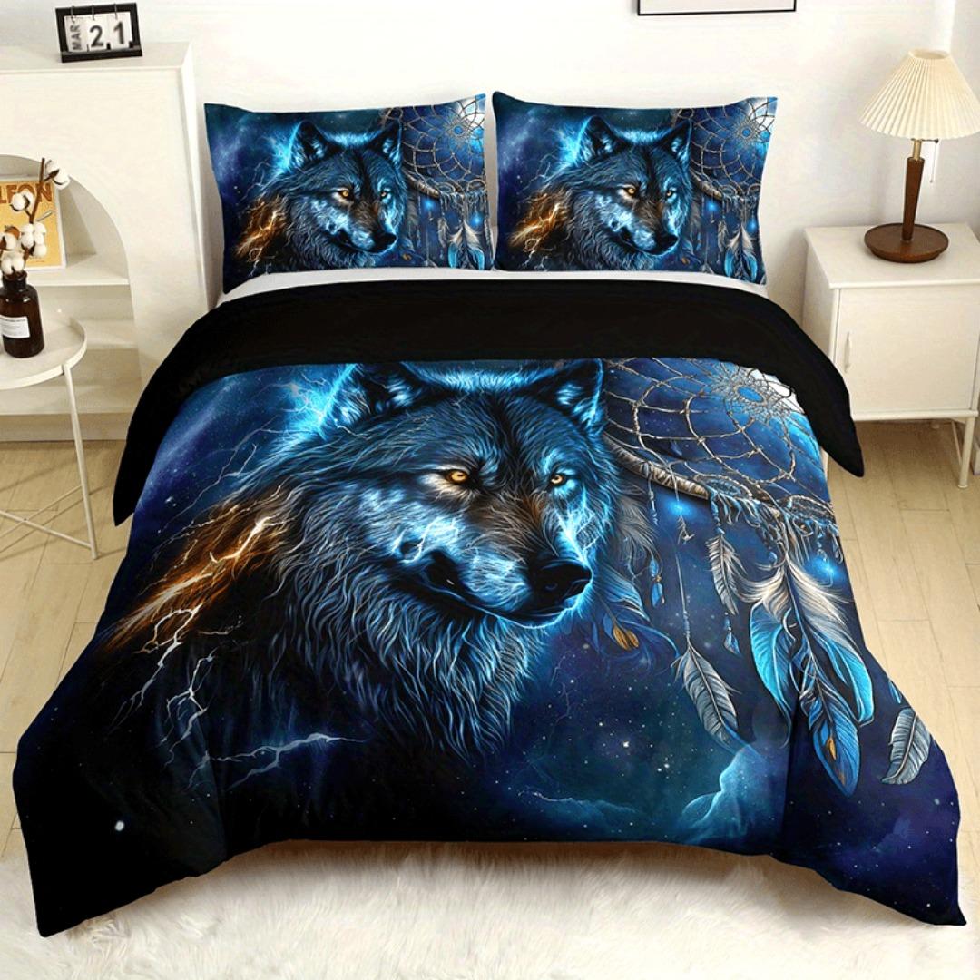 Ensemble de literie 3 pièces Animal de la forêt Loup Sombre Impression 3D Housse de couette Douce Confortable Taille King Queen Twin Simple Cadeau d'Anniversaire pour Garçons Duvet&EU Double200x200cm