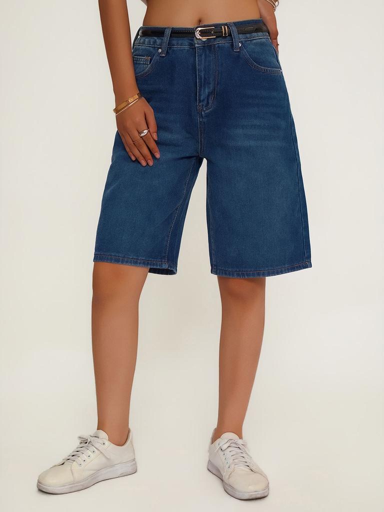 Puffanpop Women's High Waisted Non-Stretch Denim Bermuda Shorts - Dark Wash Wide Leg Loose Fit Casual Summer Shorts