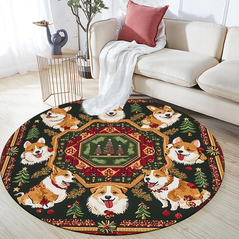 

Christmas Corgi pattern round rug,Carpet Rug for Living Room Bedroom Playroom ,Non-slip Floor Mat,Holiday Gifts and Birthday Gifts. 80cmx80cm