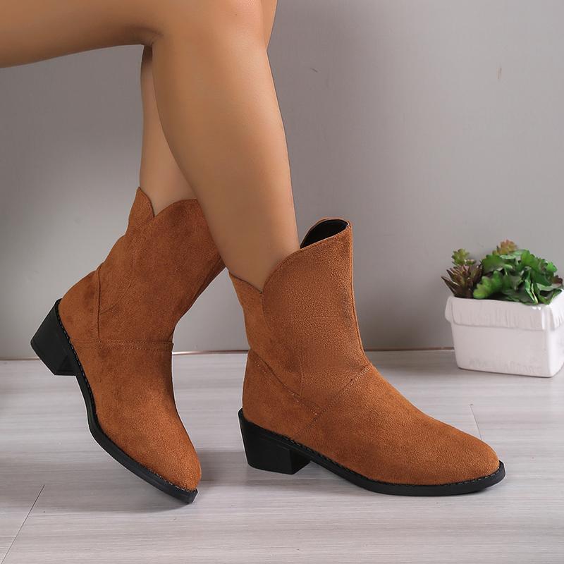 Round Toe, Thick Heel, Versatile Short Boots for Slimming, V-neck Fashion Boots