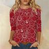 Edición Limitada de Navidad Camiseta de Mujer 3D Roja con Estampado de Árbol de Navidad Cuello Redondo Manga Larga Moda Casual Top de Manga Larga