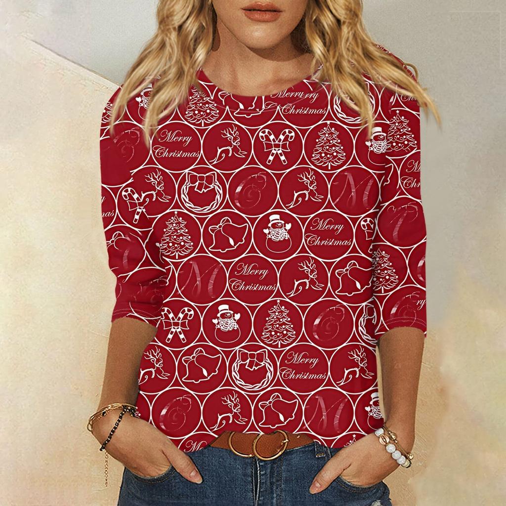 Edición Limitada de Navidad Camiseta de Mujer 3D Roja con Estampado de Árbol de Navidad Cuello Redondo Manga Larga Moda Casual Top de Manga Larga