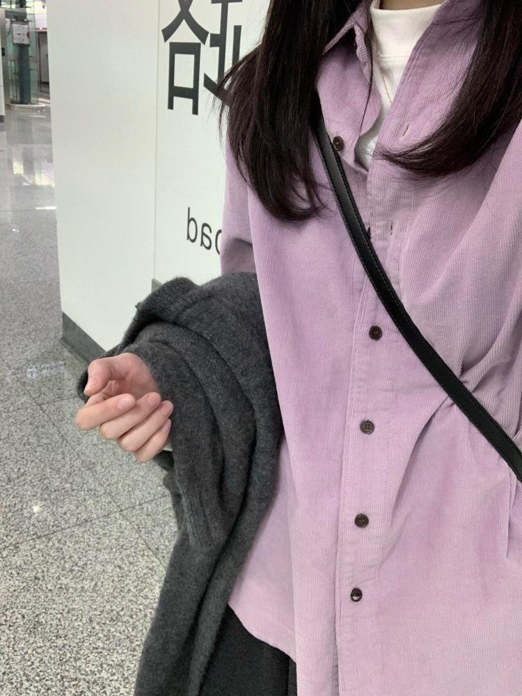 Women's Retro Purple Corduroy Shirt: Loose Fit, Korean Style, Ideal for Spring, Autumn, and Winter Layering