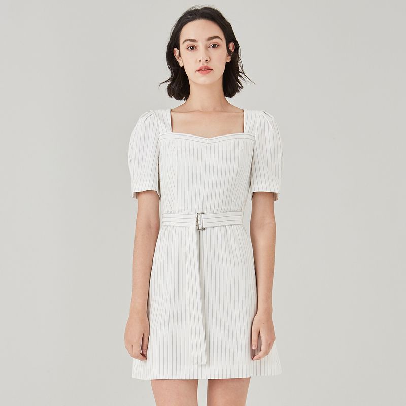 

Obeg French Square Collar Spring/Summer Fitted Waist Striped Dress White Slats 155/XS/34