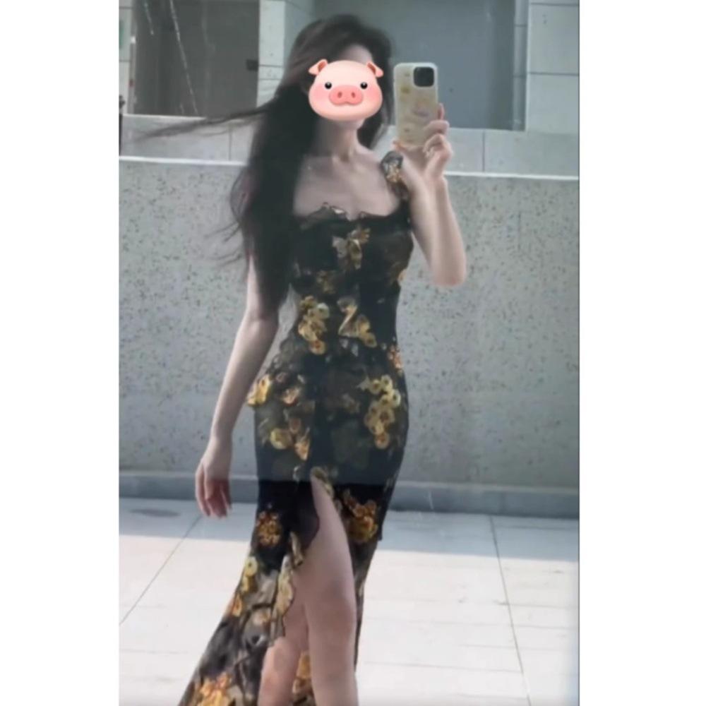 Women's summer retro floral suspender dress temperament ruffle leaf edge slim waist thin split hip wrap long skirt