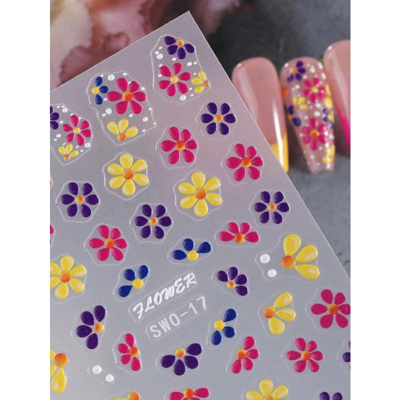 1pcs Colorful Flower 5D Embossed Nail Stickers French Floral Nail Art Design Summer Decals DIY Adhesive Slider Summer Manicure Decor Nail Supplies