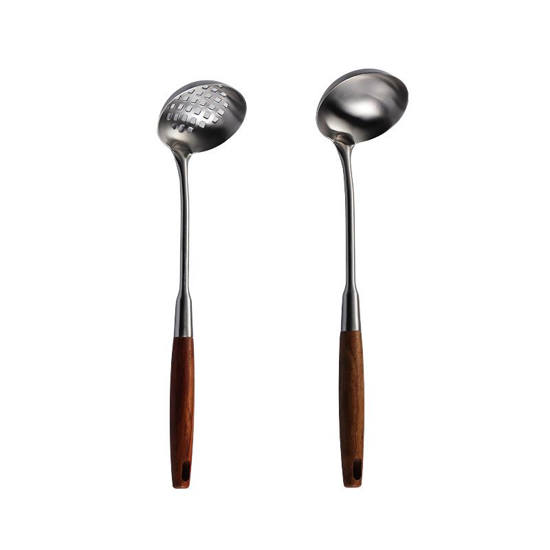 304 Stainless Steel Pear Wooden Handle Soup Shell Colander Small Porridge Spoon Small Hot Pot Spoon Household Kitchen Cooking Spoon