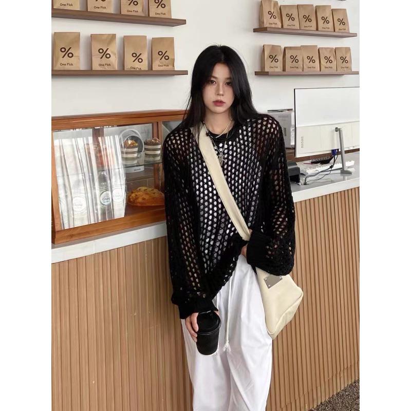 

Женский корейский вязаный кардиган с ажурным узором для защиты от солнца - Летний тонкий, свободного кроя, с длинными рукавами One Size чёрный