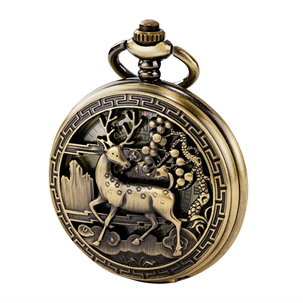 TREEWETO Mechanische Taschenuhr mit Hirsch-Design, Hohlgehäuse, Steampunk-Bronze, Römische Ziffern und Kette