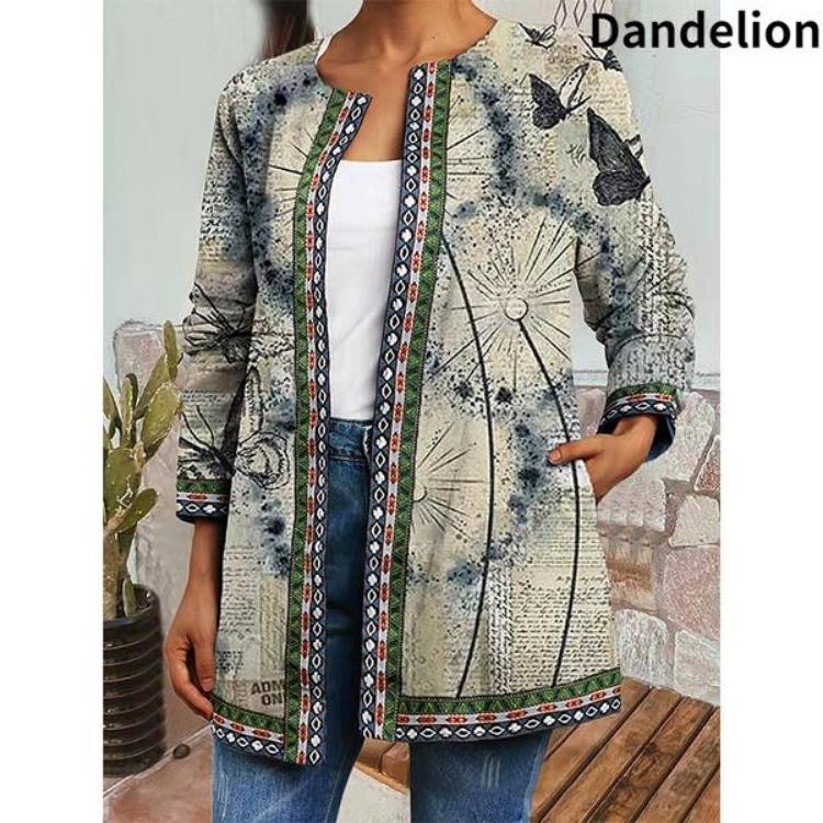 Vintage Floral Print Ethnic Style Jacket Plus Size Tribal Pattern Cardigan Ribbon Webbing Outwear Women Fashion