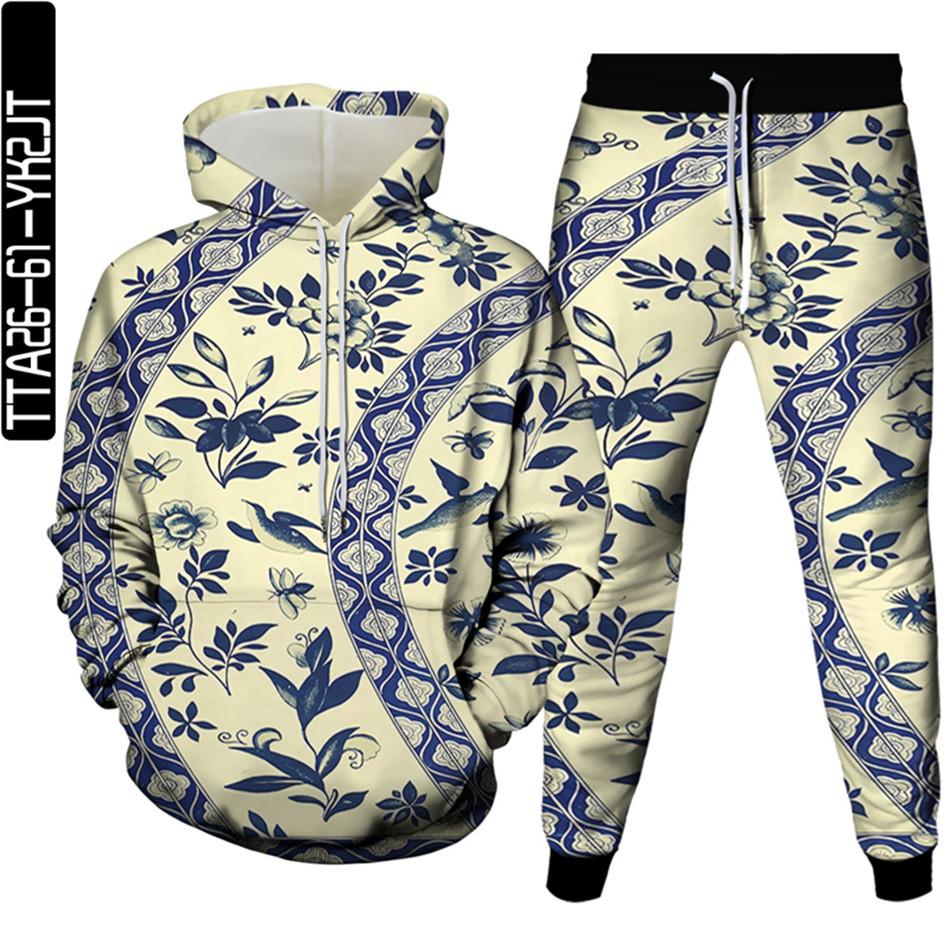 Golden Flowers Male Casual 3D Printed Clothes Sets Luxury Royal Harajuku Autumn Women Hoodies+Trousers 2Pcs Tracksuit Size S-6XL