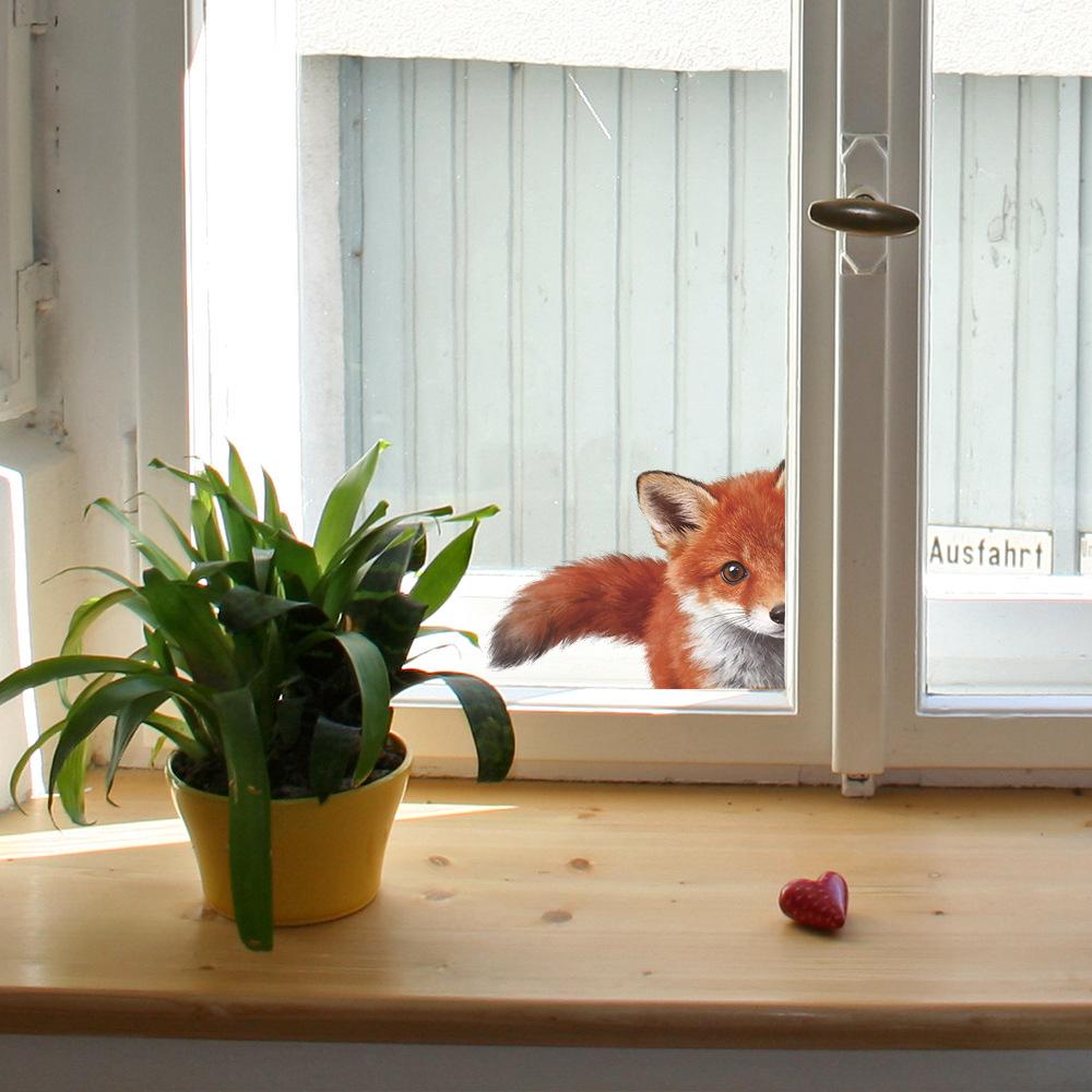 Cute Peeking Red Fox Big Tail Static Cling Wall Sticker for Bedroom Home Decor