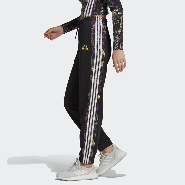 adidas High Waist Lace-Up Printed Striped Sports Trousers Women Bottoms Black HU0268