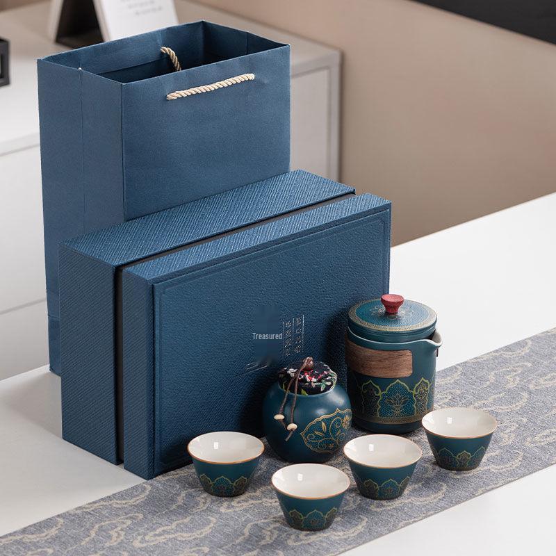 Ancient Charm Ceramic Travel Tea Set: Quick-Brew Pot with Three Cups for Outdoor Use - Customizable Logo Gift