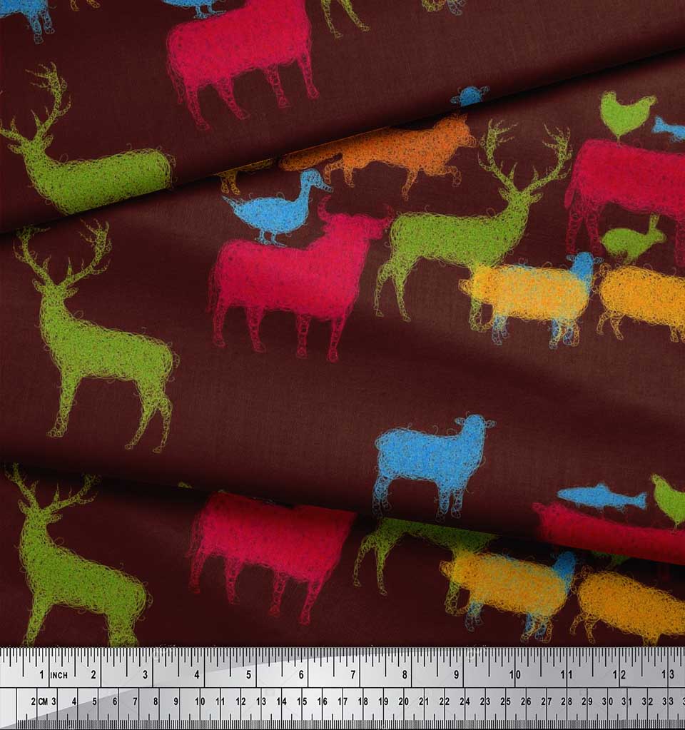 Soimoi Japan Crepe Satin Fabric Birds & Animals Hand Drawn Print Fabric by Metre 42 Inch