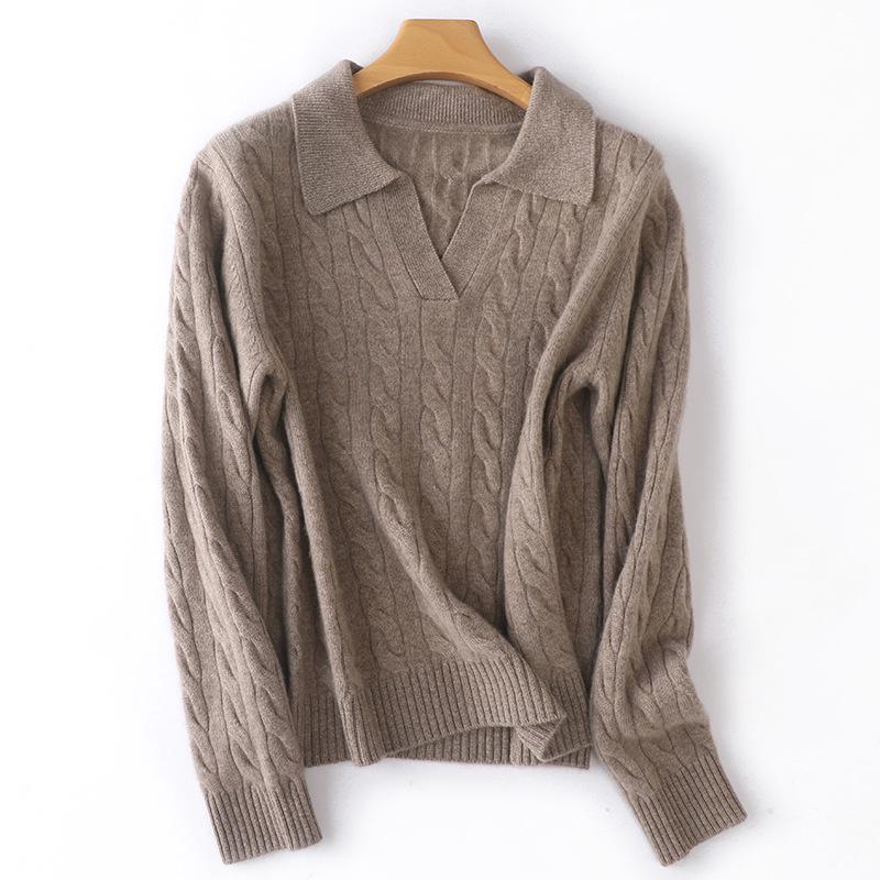 2023 Autumn Winter Women's Cashmere Polo Sweater: Versatile Retro Lapel Knit, Loose Cable Knit Base Layer