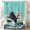 Whimsical Shower Curtain Featuring Black Cat Riding Shark Vintage Sailboat Perfect for Nautical Themed Bathrooms