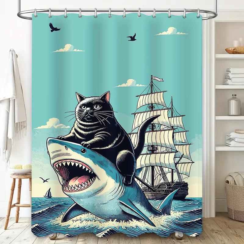 Whimsical Shower Curtain Featuring Black Cat Riding Shark Vintage Sailboat Perfect for Nautical Themed Bathrooms