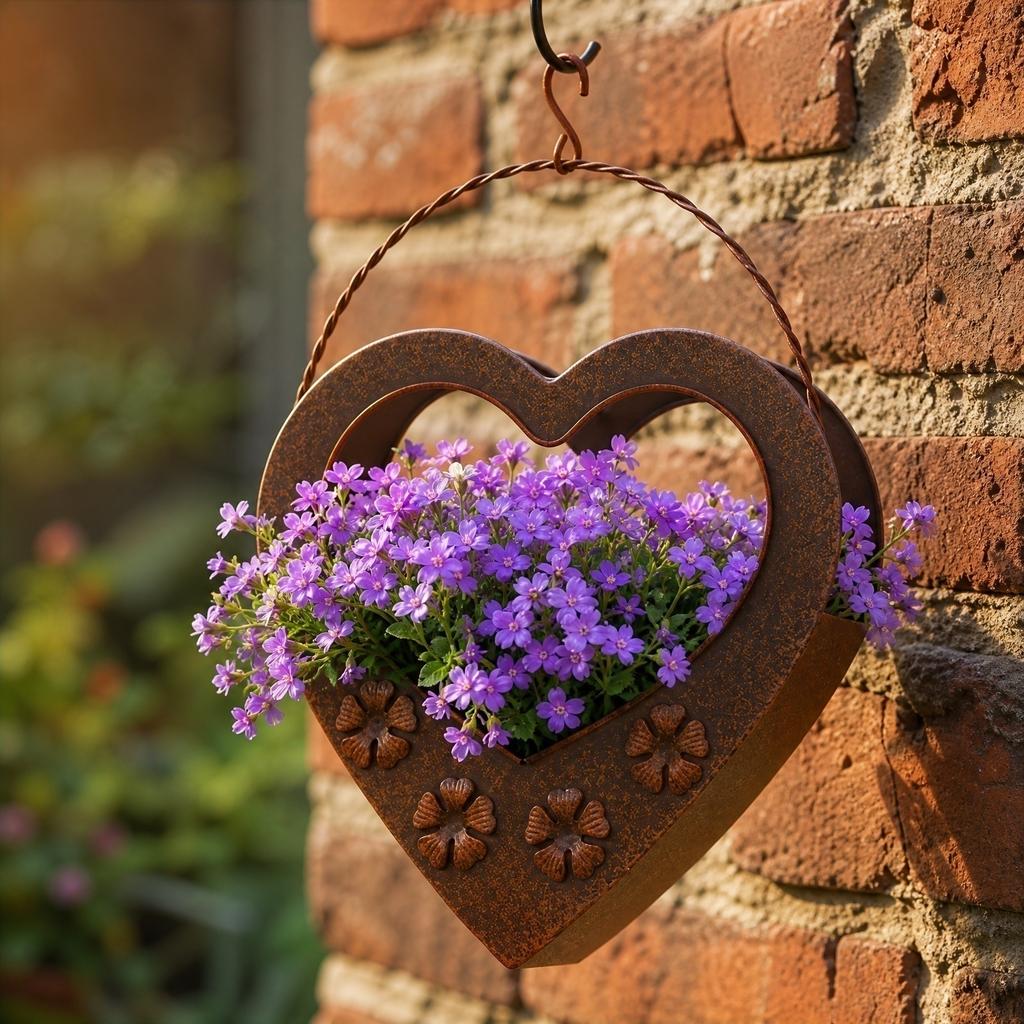 Metal Hanging Planter with Heart-Shaped Frame and Floral Ironwork Garden Decoration Suitable for Outdoor Patio Balcony and Indoor Use