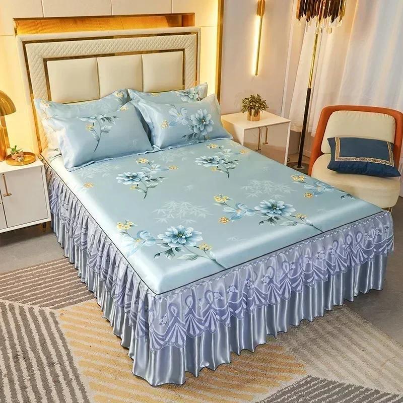 Korean Version Lace Solid Color Bed Skirt Three Piece Set, Skin Friendly Double-layer Bed Cover Non Slip Bed Cover Falda De Cama
