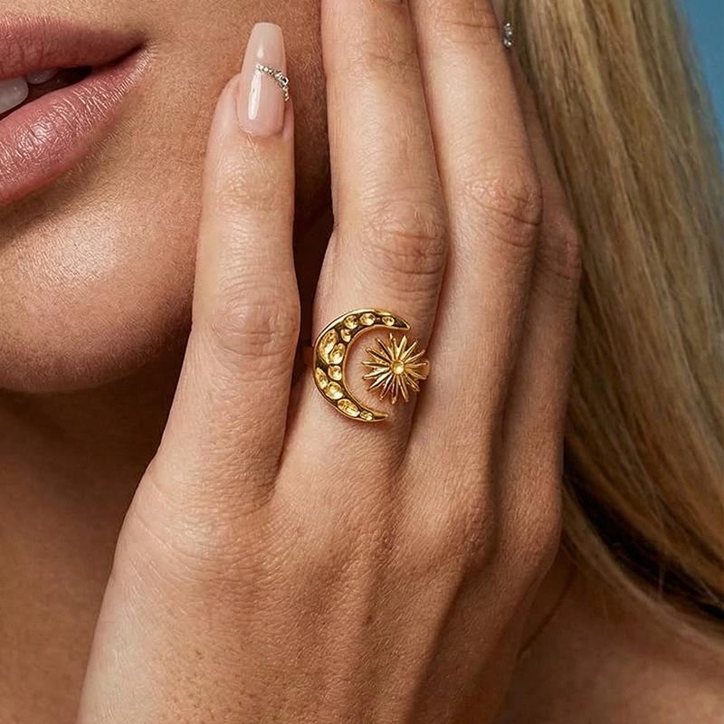 INS Style Sun Moon Titanium Steel Ring Luxury Premium Open Adjustable Band Ring 18K Gold Stainless Steel Jewelry