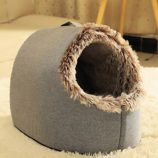 Warm Cat Cave Bed Cozy Pet Calming Nest Plush Hooded Cat Bed Fluffy Winter