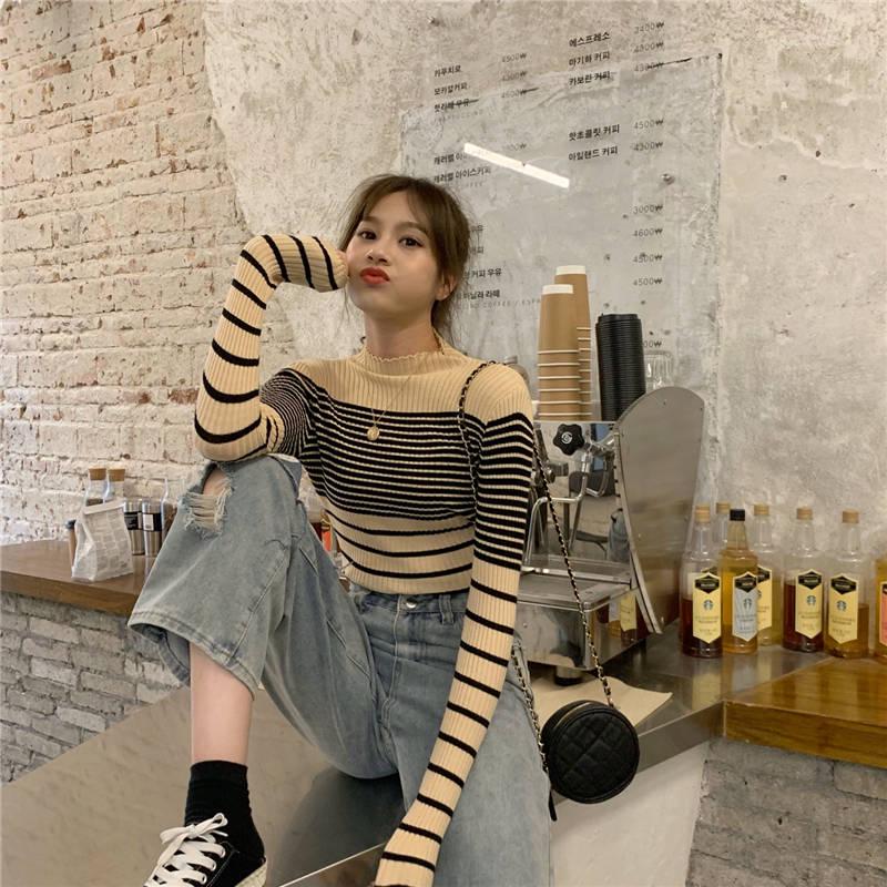 Autumn and Winter Retro Striped Sweater High Collar Pullover Head Hundred Long-sleeved Knitted Sweater Female Slim Thin Bottoming Shirt Top