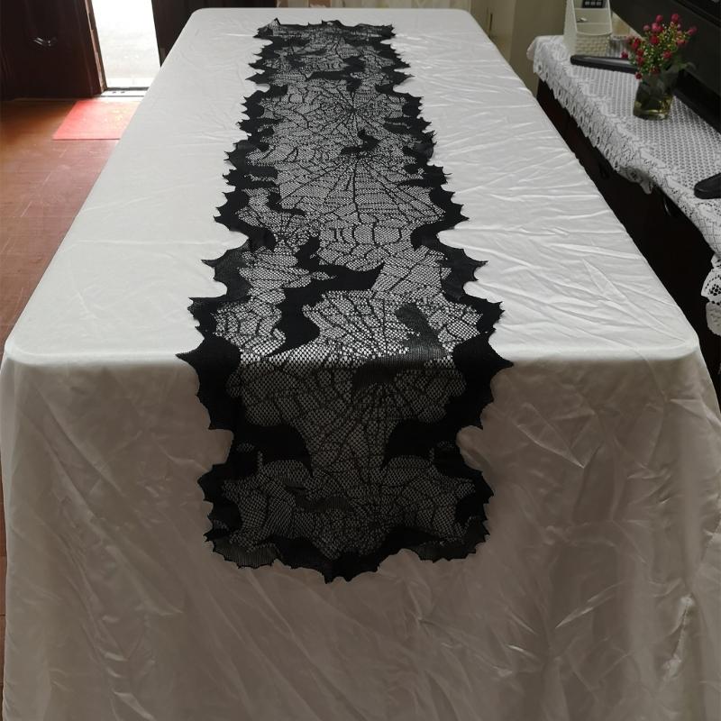 Gruselige Halloween-Dekoration 13x68 Zoll Schwarzer Tischläufer, Wasserabweisend mit Spinnennetz- und Fledermausmotiven für festliches Speisen