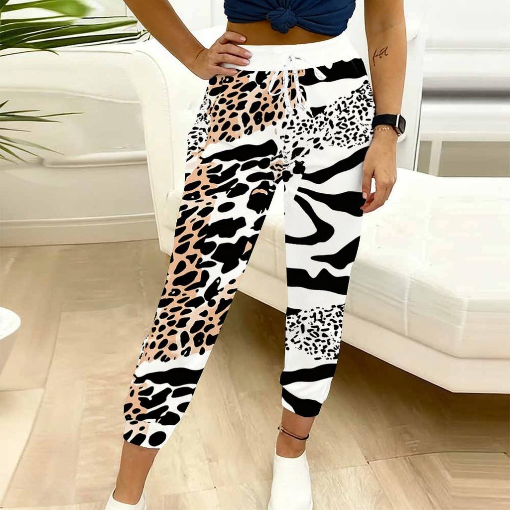 Summer Ladies Leopard Printed Sweatpants Loose Fit Drawstring Joggers Elastic Cuff Daily Casual Pants