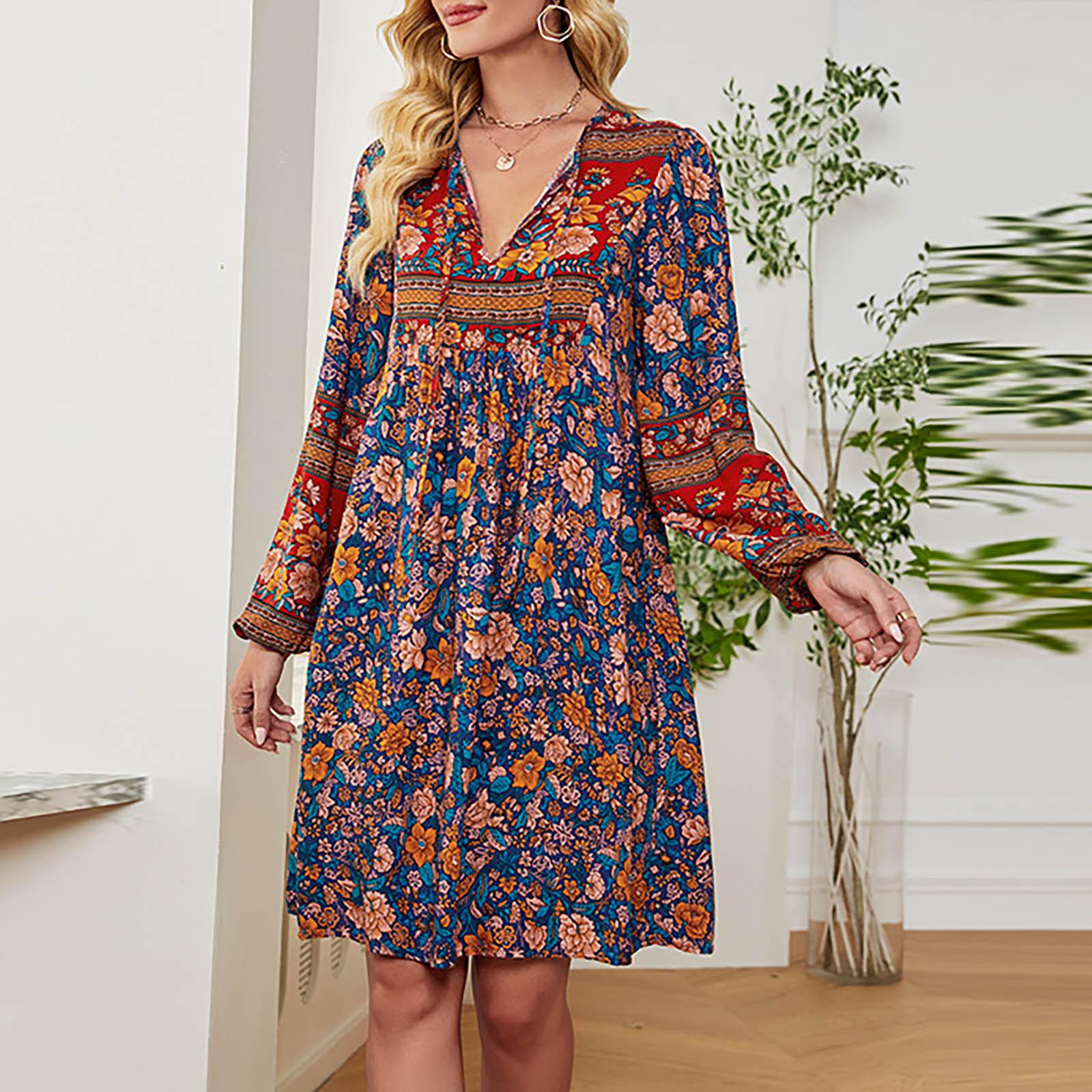 Women s V-Neck Casual Printed Long Sleeve Short Dress XXL синий