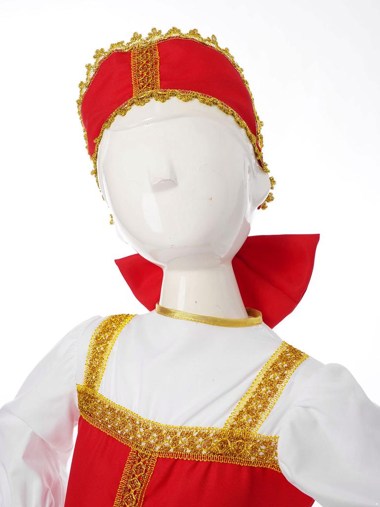 Girls Russian Costume Round Neck Puff Sleeve Gold Embroidery Knee Length Dress Beautiful Headpiece Traditional Set