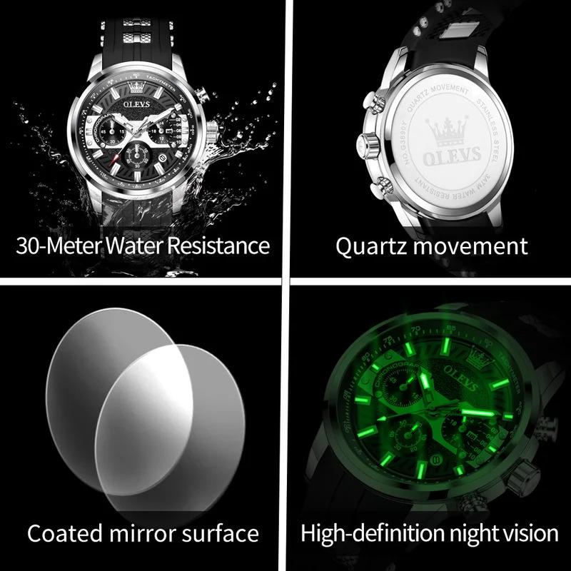 OLEVS Brand Original Quartz Watch Men Sports Silicone Waterproof Luminous Multifunctional Chronograph Watches For Men