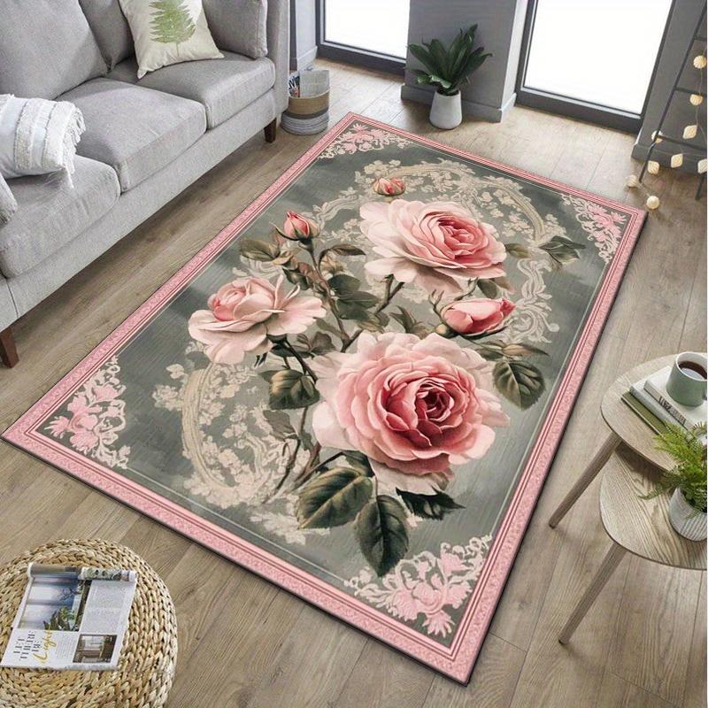 Pink RoseFloral RugElegant Flower Pattern Carpet for Bedroom Romantic and Chic Home Decor Anti slip carpet can be machine washed