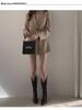 Women's Khaki Slim-Waist Suit Jacket - Korean & Hong Kong Style, Retro, Medium-Long for Spring & Autumn