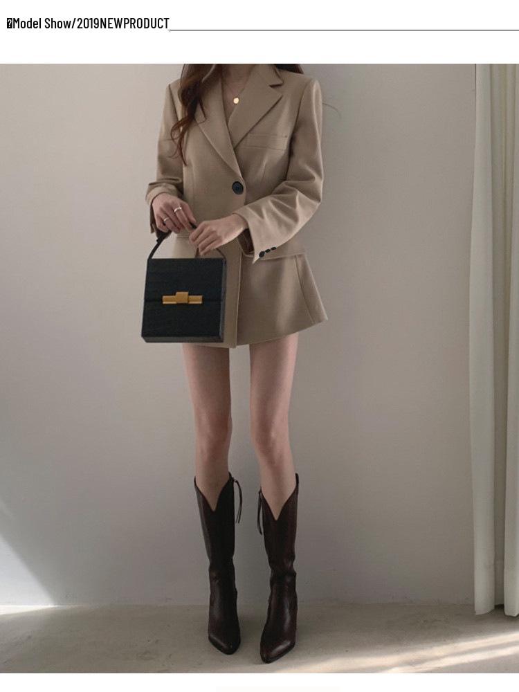 Women's Khaki Slim-Waist Suit Jacket - Korean & Hong Kong Style, Retro, Medium-Long for Spring & Autumn