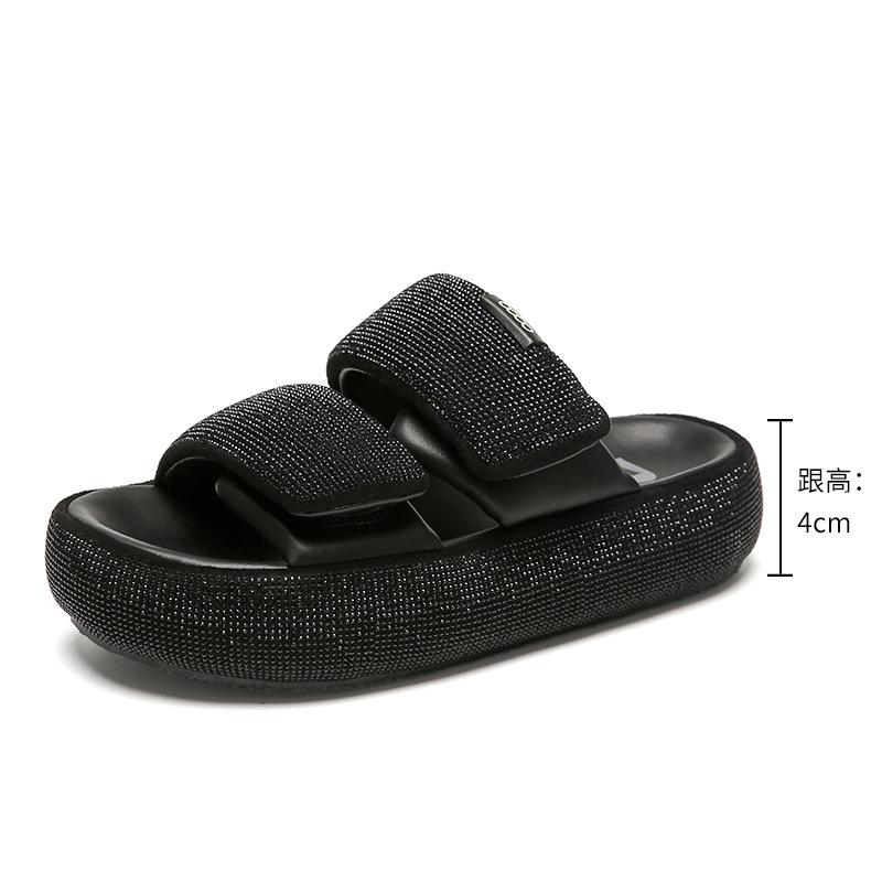 

Thick-soled slippers women s outer wear summer high-end fashion hot diamond heightening muffin shoes women s versatile cool slippers summer 40 чёрный